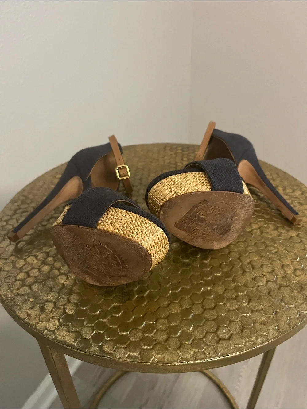 Tory Burch Navy and Tan Platform Ankle-Strap Heels 7 summer open toe